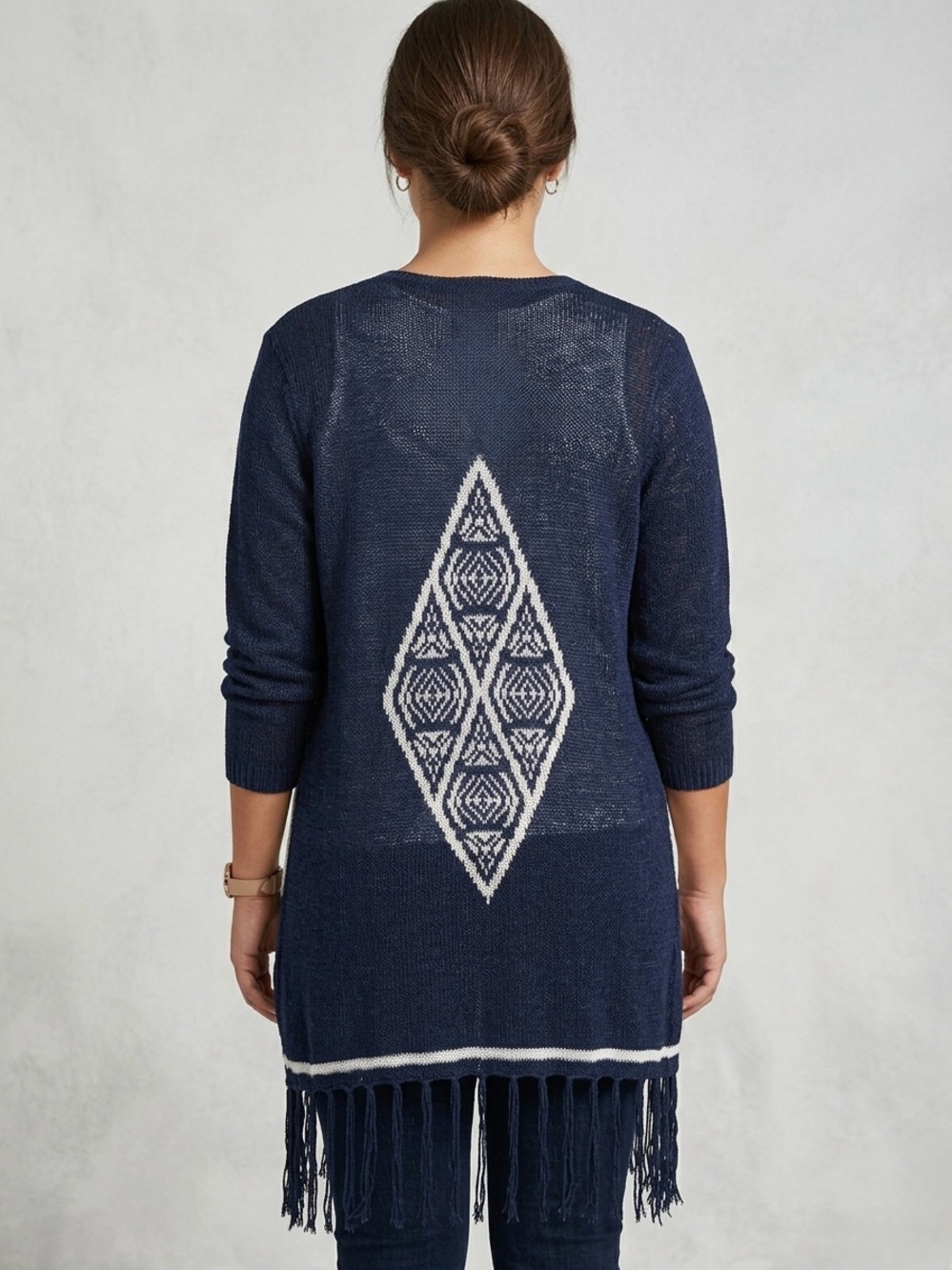 Joe Boxer NWT Boho Knit Fringe Cardigan Navy Geo Diamond Juniors 3X Fits L/XL